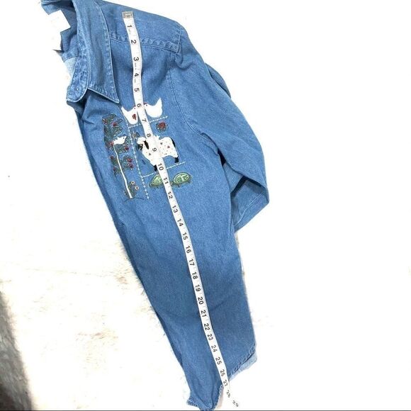 Chambray long sleeve shirt button up appliqué EUC cottagecore granny core farm - Picture 2 of 16